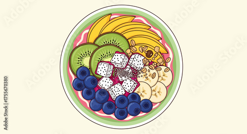 Healthy And Vibrant Smoothie Bowl Topped With Tropical Fruit Illustration