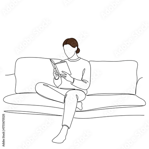 Woman reading on sofa line drawing isolated on white background, showcasing her relaxation and leisure time, perfect for lifestyle and home comfort themes