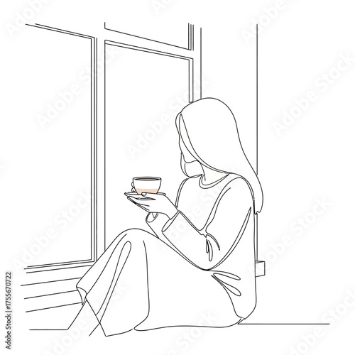 A serene line art illustration of a woman sitting by a window, enjoying a cup of tea, isolated on white background captures a moment of peace and relaxation