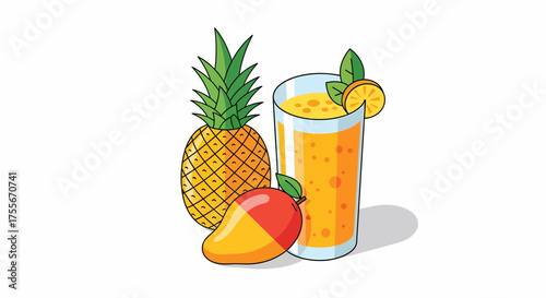 Refreshing Tropical Smoothie With Mango Pineapple And Orange Slice