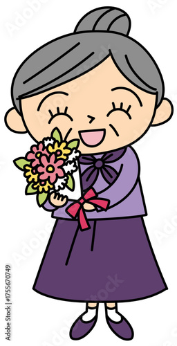 可愛らしいタッチの花束を持って笑顔のおばあさんのイラスト ベクター
