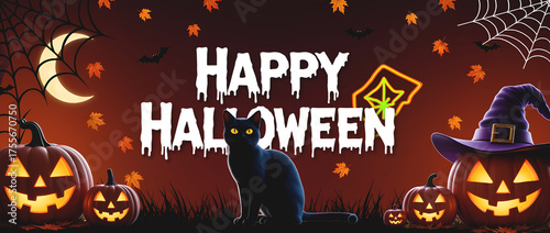 happy Halloween banner, black cat, glowing jack-o-lanterns, witch hat, cobwebs, falling leaves, crescent moon, neon orange and green accents