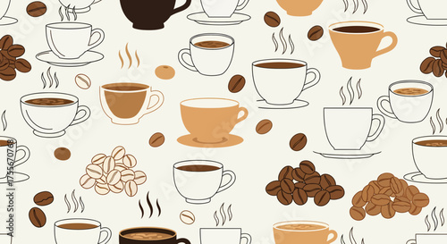 Seamless Coffee Theme With Cups And Beans Illustration