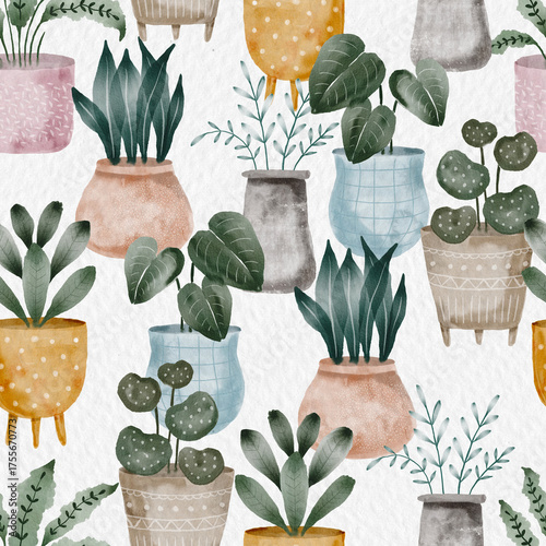 Boho Watercolor Houseplants Seamless Pattern