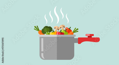 Vegetables Cooking In Pot Isolated On Light Blue Background
