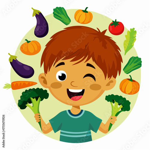 A happy cartoon boy winking and smiling, holding broccoli, surrounded by various fresh vegetables like pumpkins, eggplants, carrots, tomatoes, and leafy greens, promoting healthy eating.