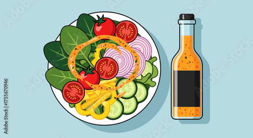 Vegetable Salad Illustration With Bottle Of Salad Dressing