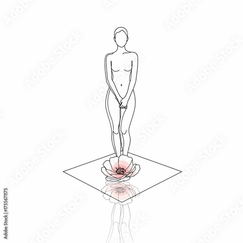 An ethereal illustration of a nude woman standing on a lotus flower with a mirror reflection, isolated on white background, symbolizing purity, beauty, and transformation