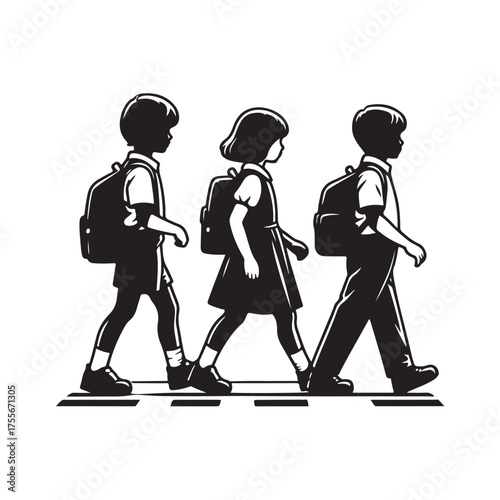 Vector illustration of school children walking on a zebra crossing, depicting an atmosphere of discipline and safety on the road.