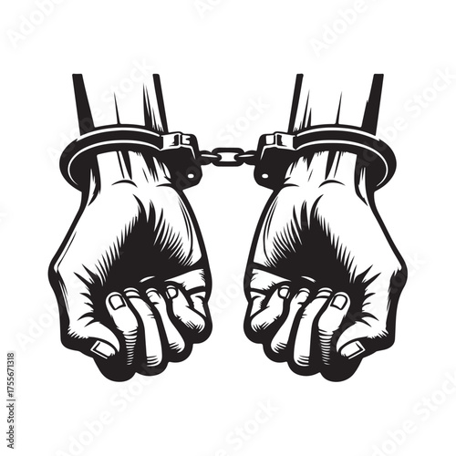 Cartoon vector illustration of handcuffed hands in a cute yet clear style, showing handcuffs binding both hands.