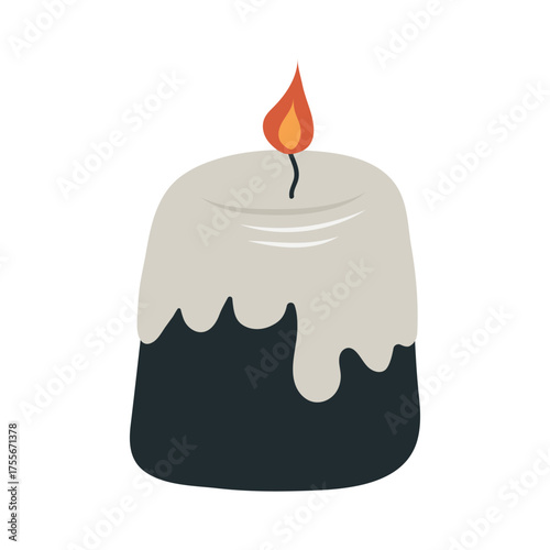 A cute, hand-drawn vector illustration of a two-tone Halloween candle, lit and melting with dripping wax. Perfect for spooky and festive designs.