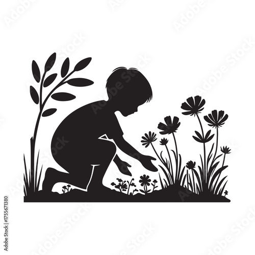 Vector illustration of a sketch of a boy playing in a flower garden in a simple and soft line style.