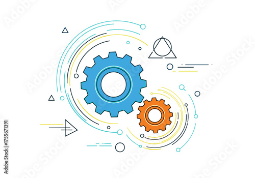 Abstract illustration of two interlocking gears with digital network elements.