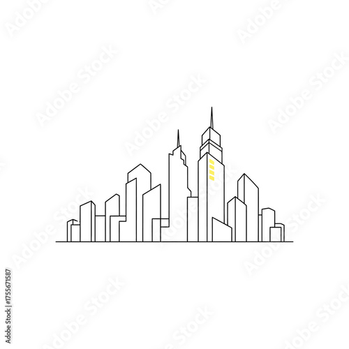 A minimalist line art illustration isolated on white background of a city skyline, capturing the essence of urban life and architectural grandeur