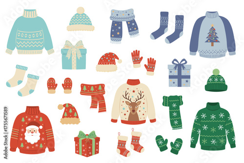 A cute vector set of cozy Christmas clothes and accessories. Includes ugly sweaters, hats, scarves, socks, mittens, and gift boxes in a flat winter style.