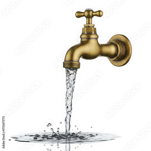 3d vintage brass faucet with flowing water isolated on transparent background