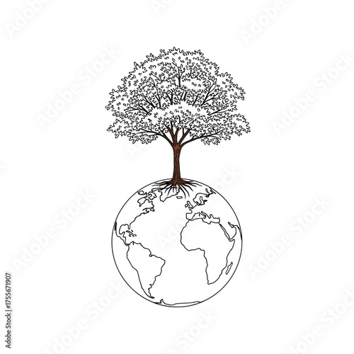 A continuous line drawing of a tree growing on the planet earth, isolated on white background a symbol of love for nature and environmental awareness