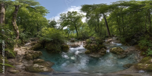 Nature adventure scenic river hdr panorama lush forest serene environment