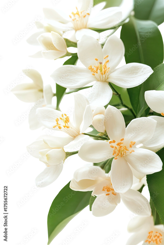 Obraz premium White flowers with yellow centers on green foliage, close-up