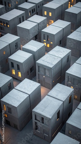 Isometric view of modern cubic homes with window lights