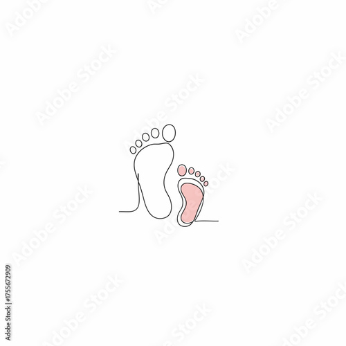 A minimalist line art illustration isolated on white background featuring an adult foot and a baby foot, symbolizing family, love, and the journey of life