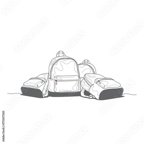 A detailed line art illustration of a collection of backpacks, isolated on white background, representing travel, school, or everyday essentials with style