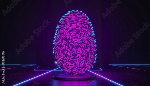 Neon fingerprint standing on a pedestal in a futuristic dark environment