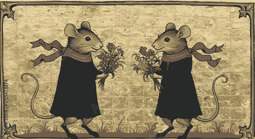 Two Mice with Bouquets A Vintage-Inspired Illustration of Friendship and Charm