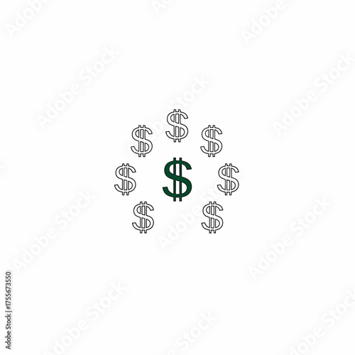 Dollar signs arranged in a circle isolated on white background, representing wealth, finance, and economic growth in a minimalist and symbolic design