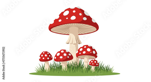 A cluster of bright red mushrooms with white spots growing in lush green grass.