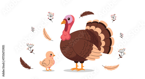 A cute cartoon turkey and a baby chick surrounded by fall leaves and feathers.