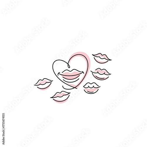 Romantic lips and heart line art isolated on white background minimalist design with tender kiss and love symbol, perfect for valentines day and beauty themes