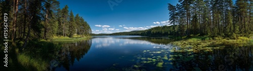 Serene nature panorama tranquil lake hdr hdri view green forest environment