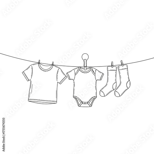 Baby clothes line art isolated on white background minimalist design with bodysuit, tshirt, and socks hanging, perfect for nursery decor and baby shower themes