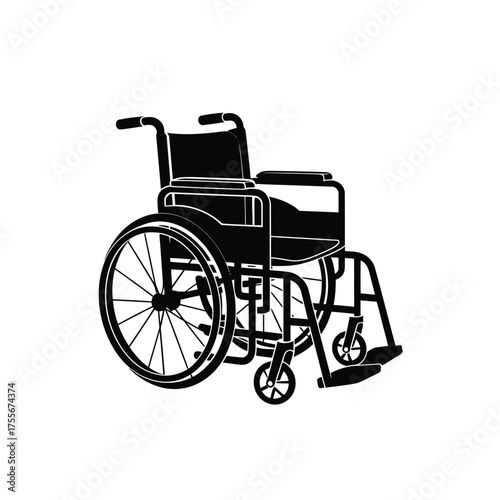 Black and white illustration of a manual wheelchair on a white background