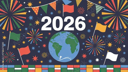 Eyecatching vector illustration of the year 2026, showcasing a vibrant globe, colorful flags, and dynamic fireworks against a deep blue background, symbolizing global unity and festive celebrations.