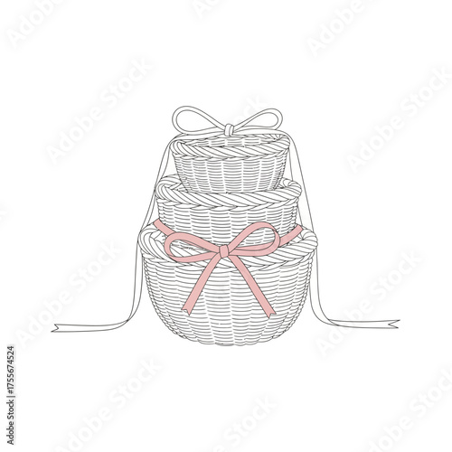 A charming threetiered wicker basket, adorned with delicate pink ribbons, isolated on white background, evokes a sense of rustic elegance and timeless appeal