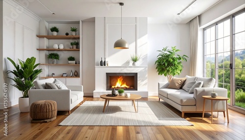Wallpaper Mural Bright Modern Living Room Featuring Cozy Fireplace, White Walls, Built-In Shelves, and Stylish Wooden Floor, Creating a Warm and Inviting Home Interior Atmosphere Torontodigital.ca