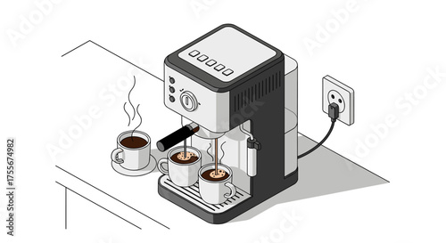 An isometric illustration of a modern espresso machine brewing coffee into two cups on a kitchen counter.