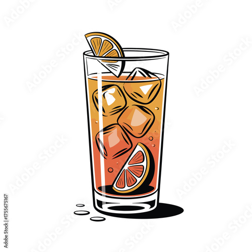 Refreshing iced cocktail with orange slices and ice cubes
