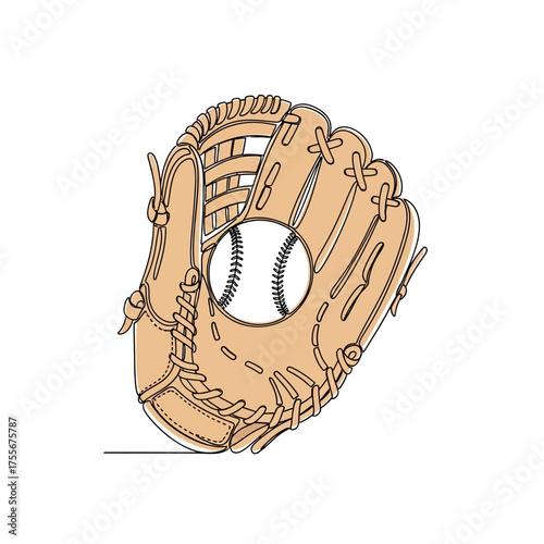 A detailed line art illustration of a baseball glove with a ball nestled inside, isolated on white background a sport equipment scene
