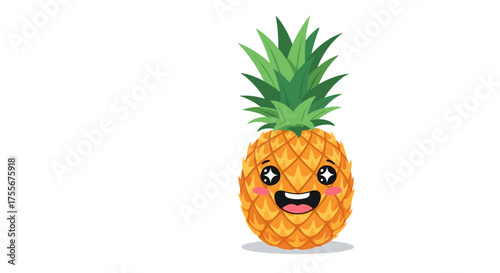 This adorable kawaii pineapple character is smiling with its mouth open and eyes wide with excitement for the summer season.