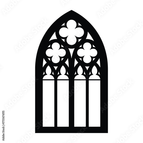 Gothic arch window silhouette with quatrefoil design