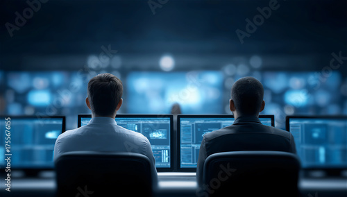 Two cybersecurity professionals monitoring digital data on multiple screens in control room, concept of protection, network security and information technology.