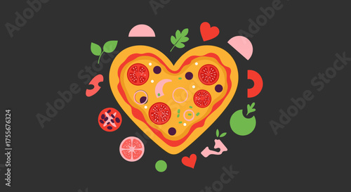 A delightful heart shaped pizza adorned with pepperoni and cheese surrounded by fresh ingredients.