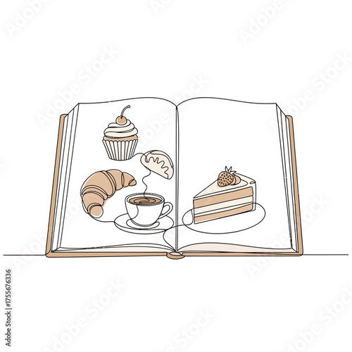 A delightful line art illustration of an open book displaying various pastries and coffee, isolated on white background, perfect for culinary or literary themes