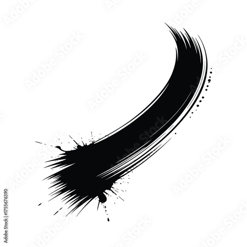 Bold black brush stroke with splatters on white background