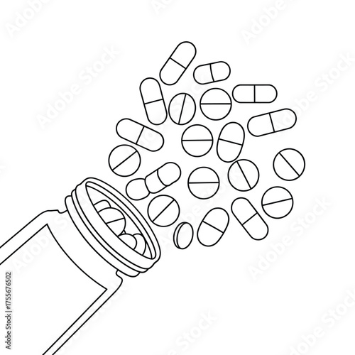 Hand drawn illustration of pills spilling from a bottle