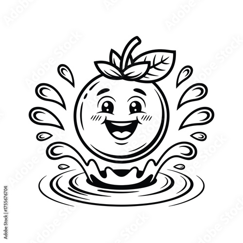 Happy cartoon orange splashing in water with leaves