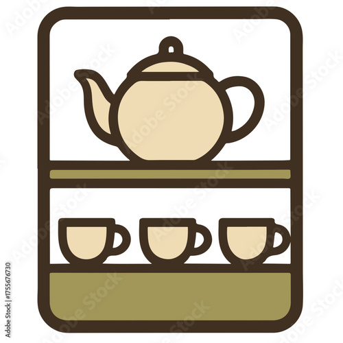 Shelf with teapot and three cups vector illustration